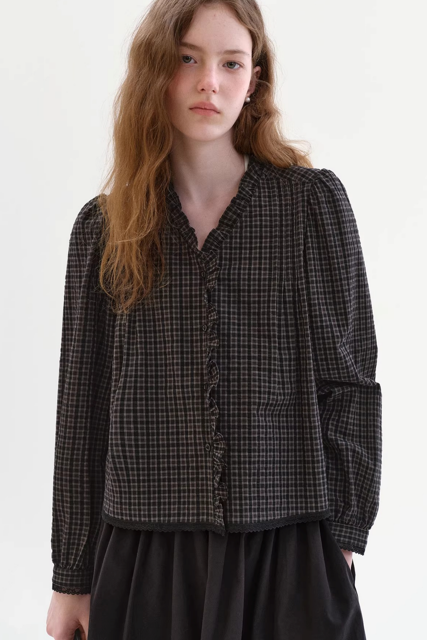 레트로 레이스 체크 블라우스