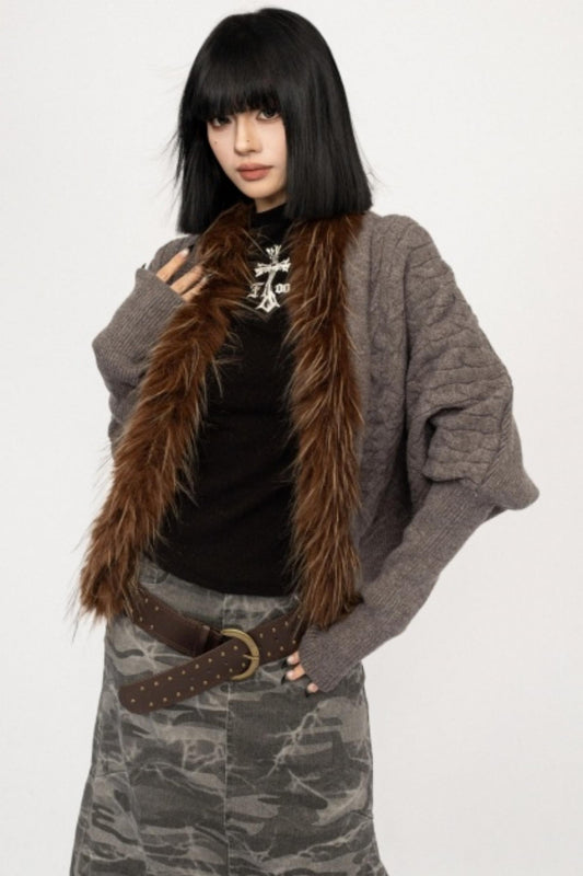 Fur Collar Knitted Cardigan