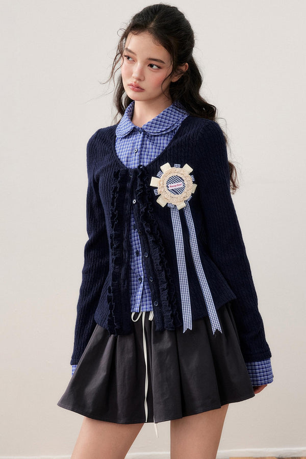 Layered Plaid Knit Patchwork Shirt