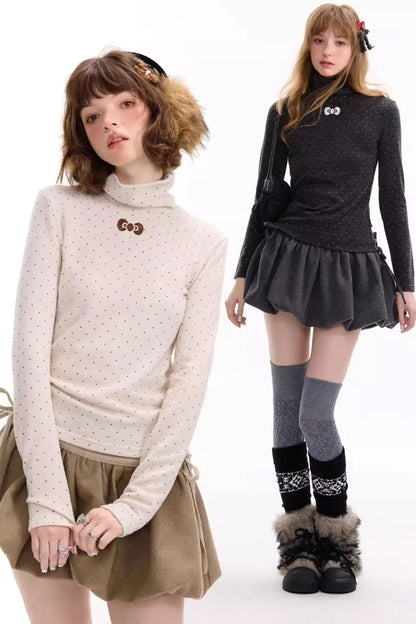 Retro Polka Dot High-Neck Long Sleeve T-Shirt