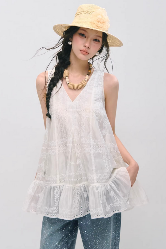 Embroidered Ruffled Tank Dress