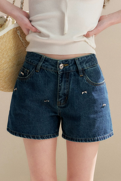 Soft Cotton Bowknot Denim Shorts