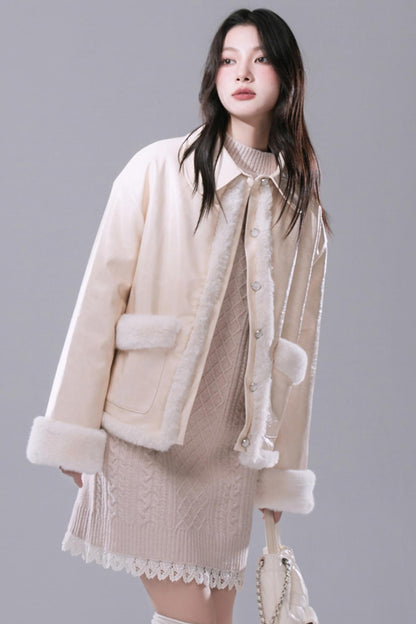 COTRE oak cream wool panelled leather coat