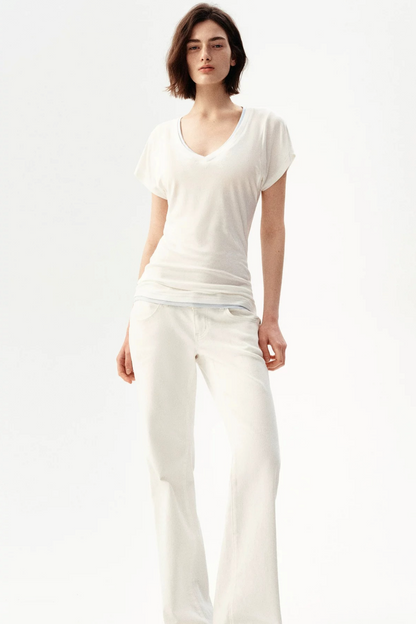 Minimalist Colorblock Deep V-Neck Wool Blend T-Shirt