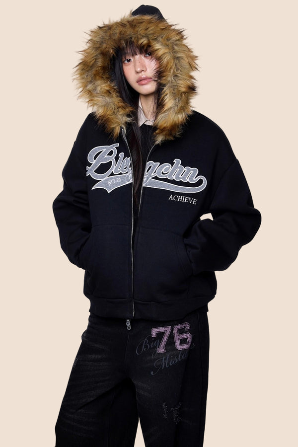 Embroidered Fur Collar Hooded Cardigan