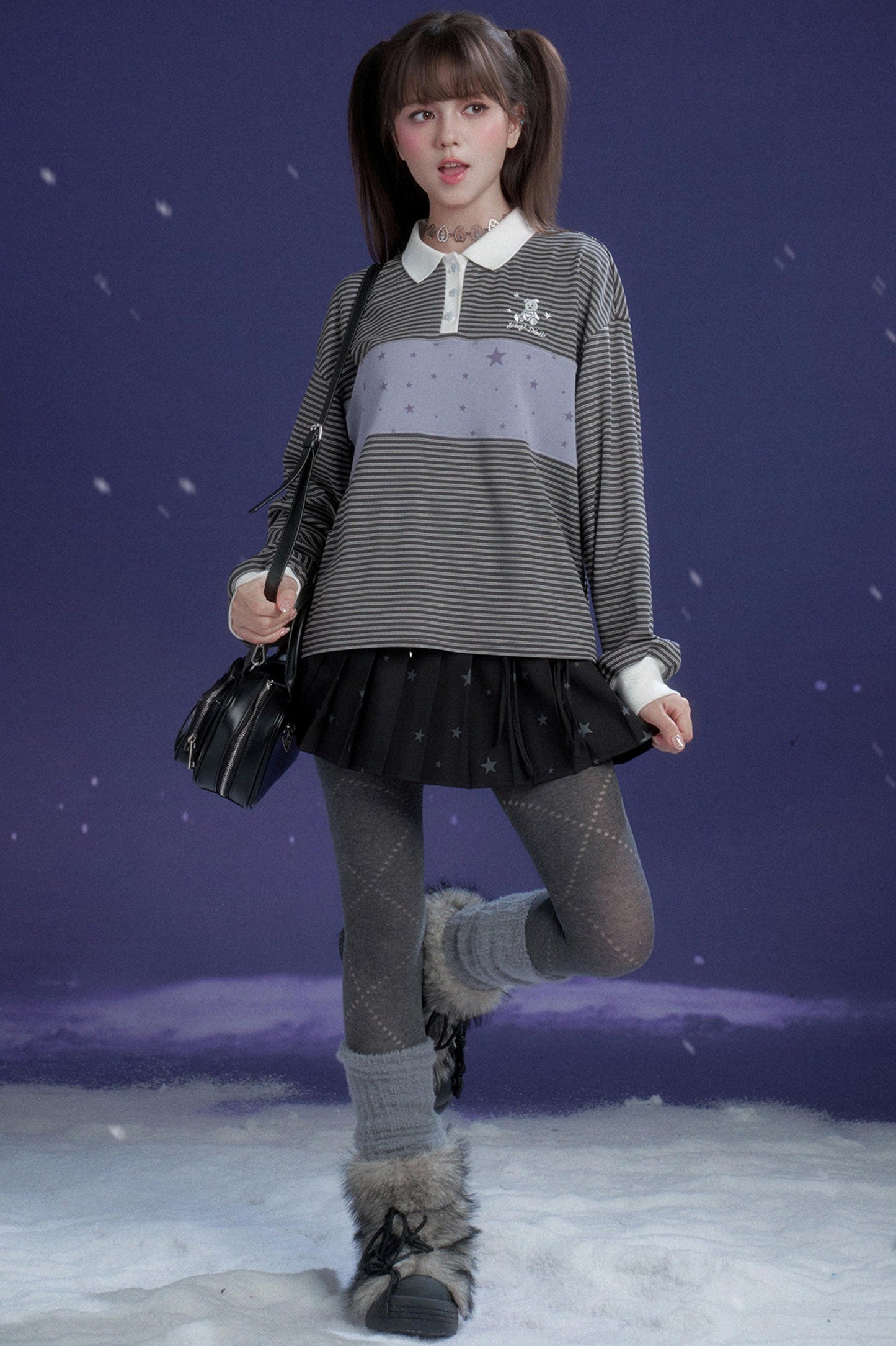 Gray and Purple Striped Polo Top