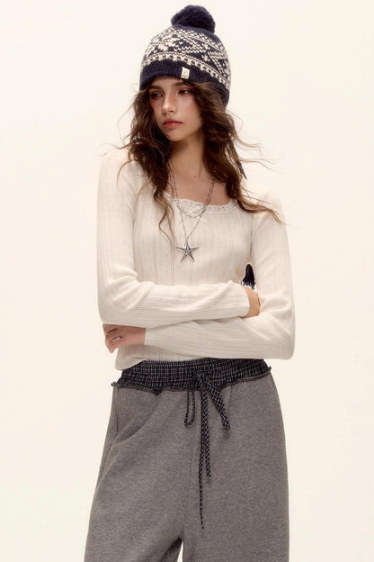 Lace-Trimmed Bow Hollow Knit Top