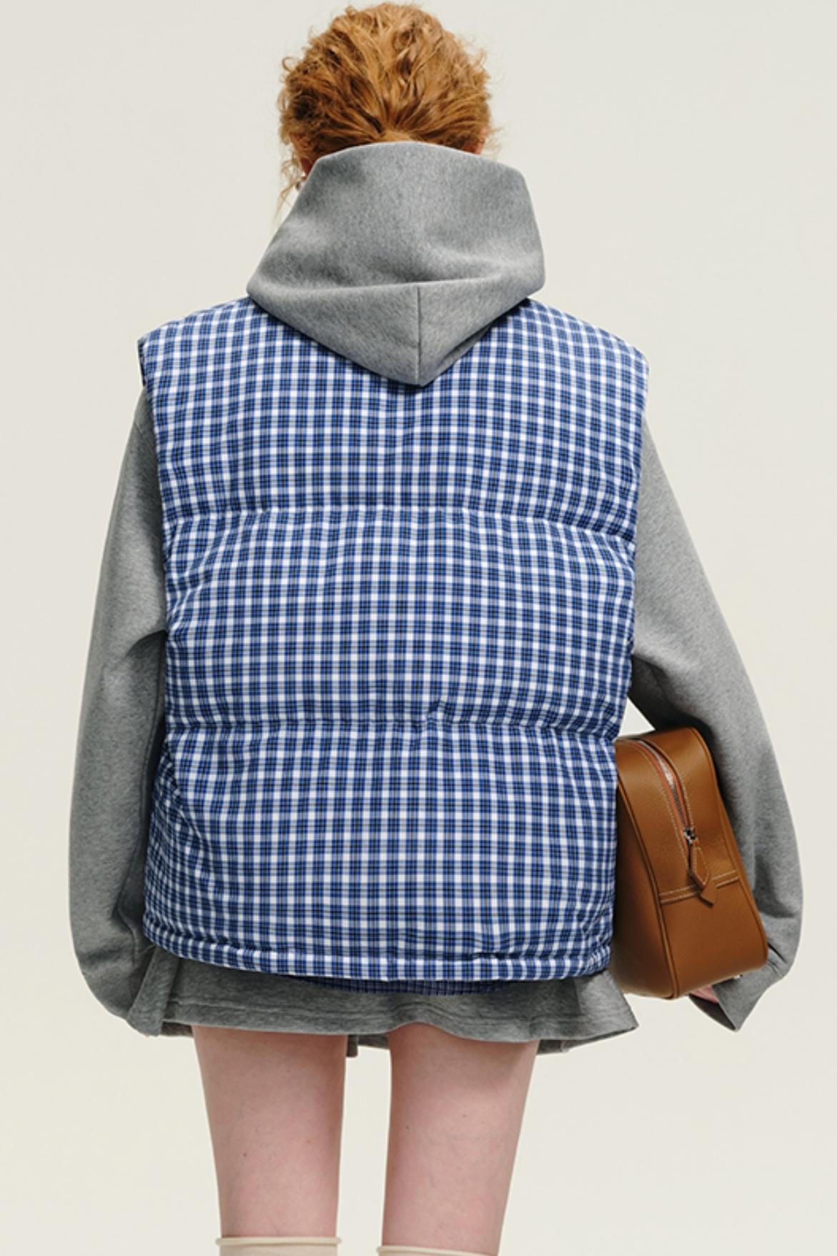 Korean Blue & White Checkered Down Vest