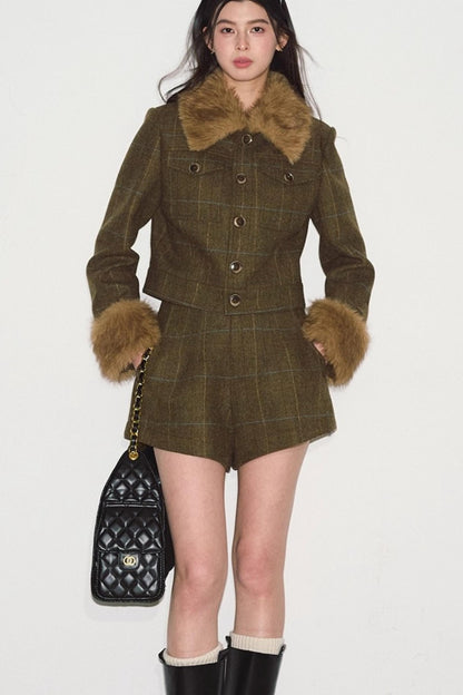 Plaid Fur Collar Jacket Set-Up