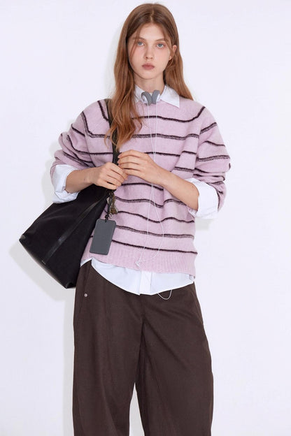 Wool Blend Striped Knit Pullover Sweater