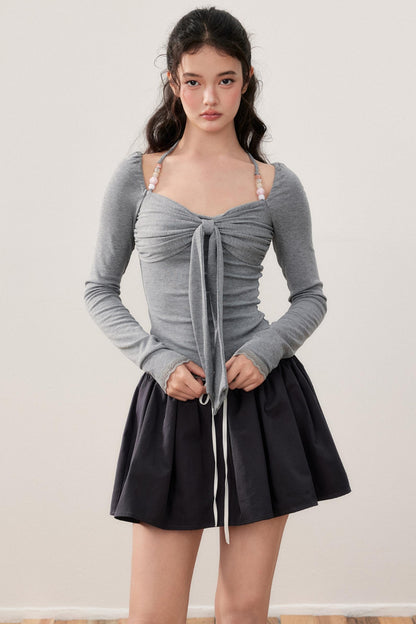 Pleated Bow Beaded Halterneck Top