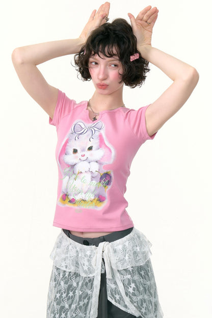 Retro Design Rabbit Print Slim Top
