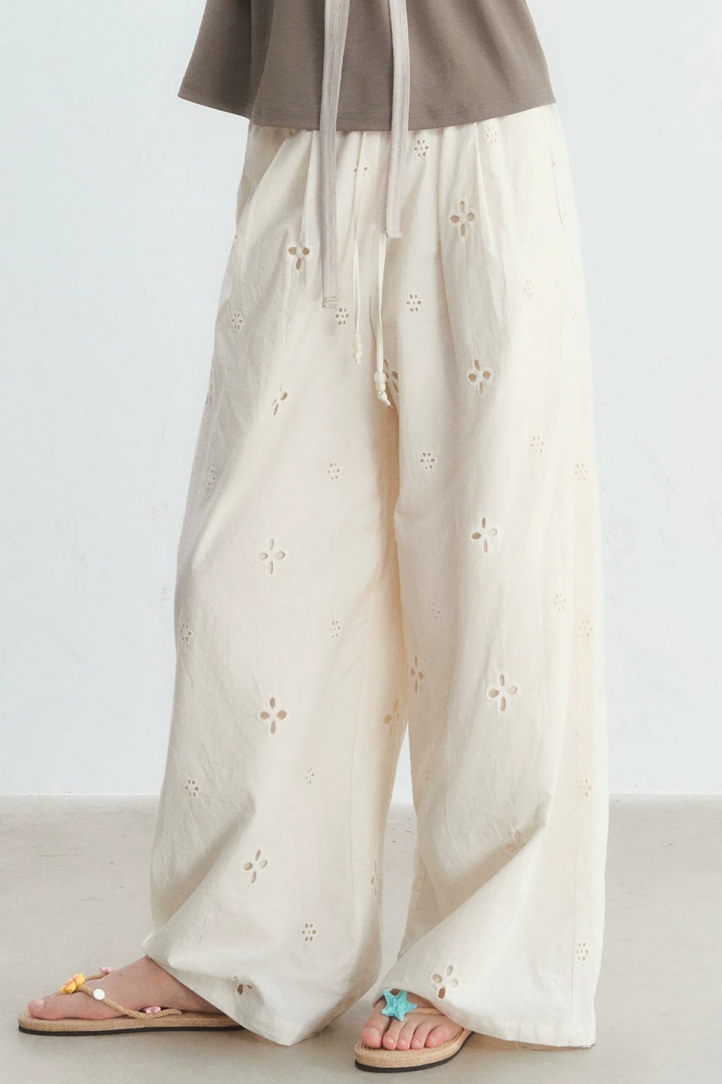 Hollow-Out Embroidered Wide-Leg Pants