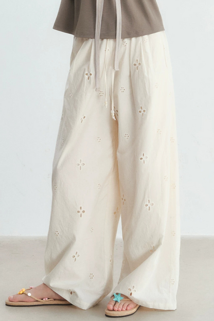 Hollow-Out Embroidered Wide-Leg Pants