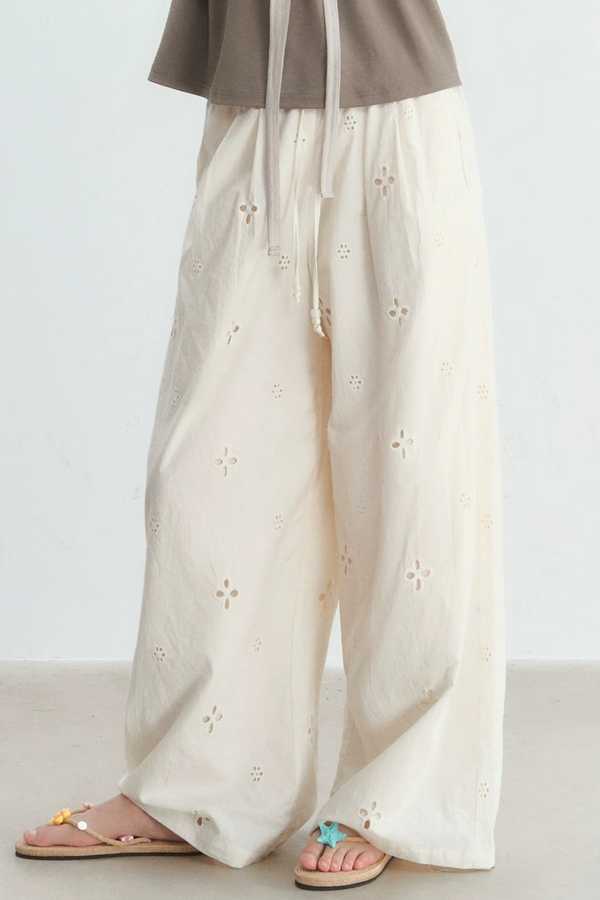 Hollow-Out Embroidered Wide-Leg Pants