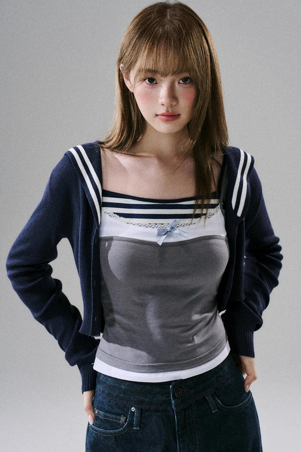 Cute Fake Two-Piece Layered Top