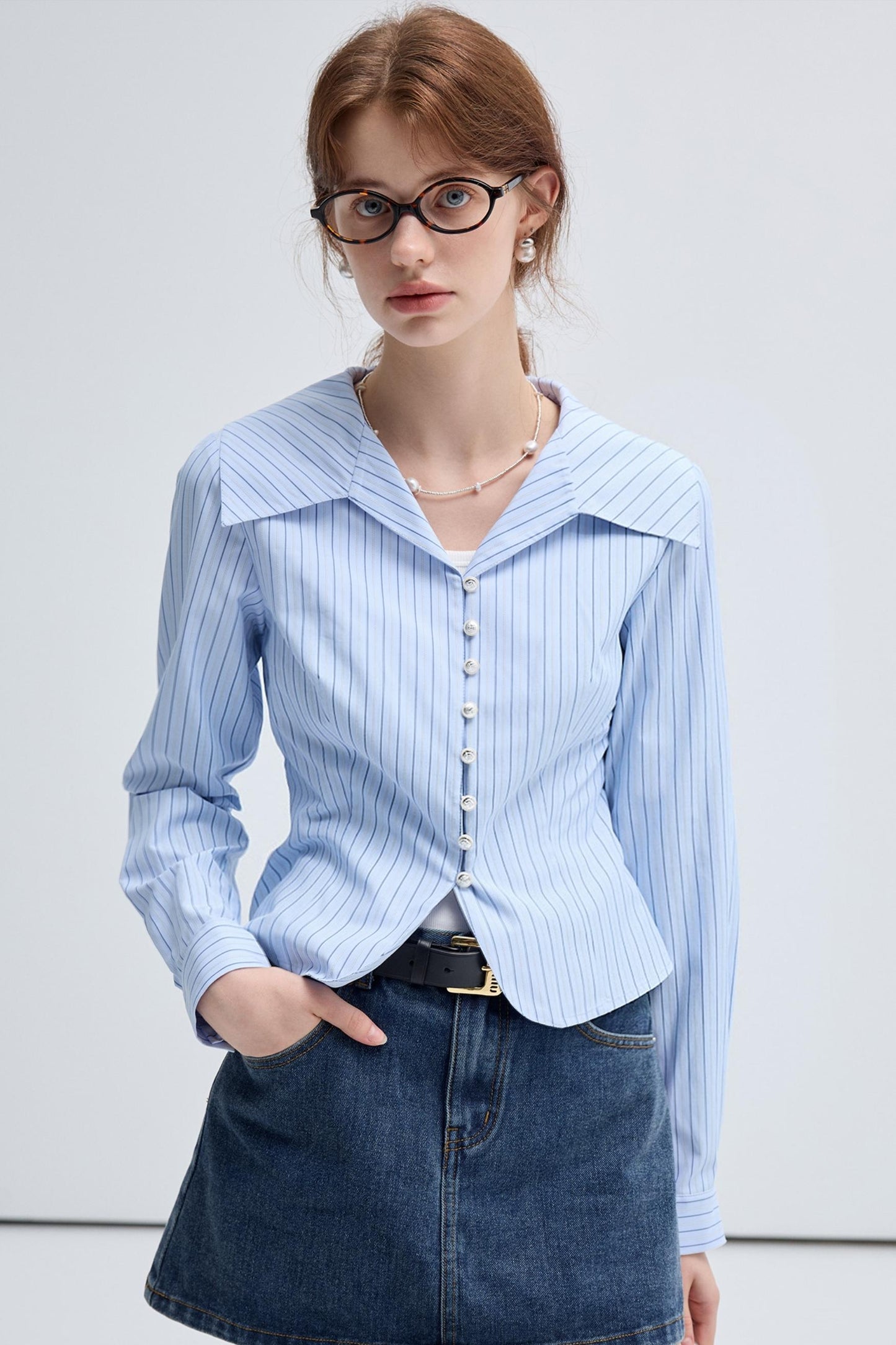 SPRING FALL BLUE STRIPE WAIST SHIRT