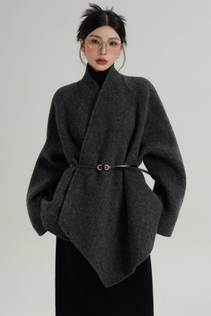 Elegant Lace-Up Woolen Coat