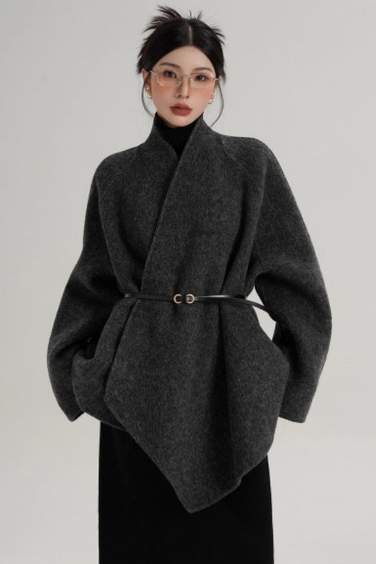 Elegant Lace-Up Woolen Coat