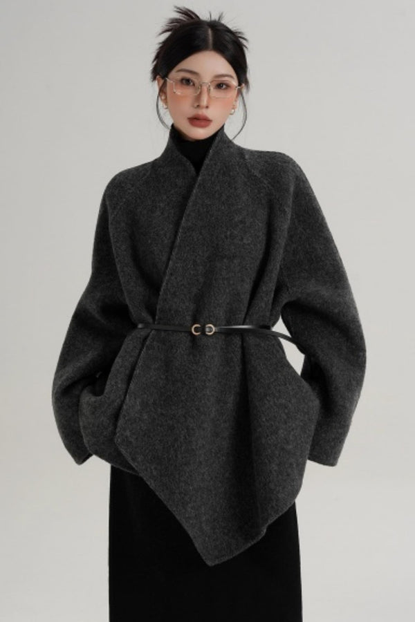 Elegant Lace-Up Woolen Coat