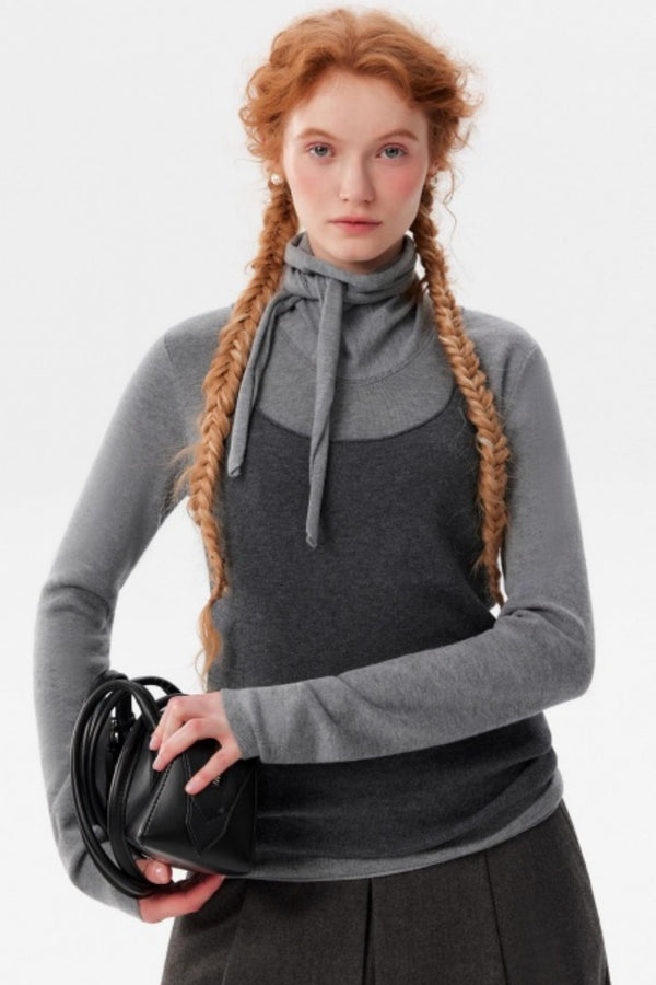 Gray Wool Scarf Collar Top Set