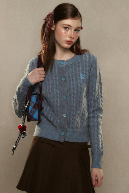 Short Twist Knit Crew Neck Cardigan