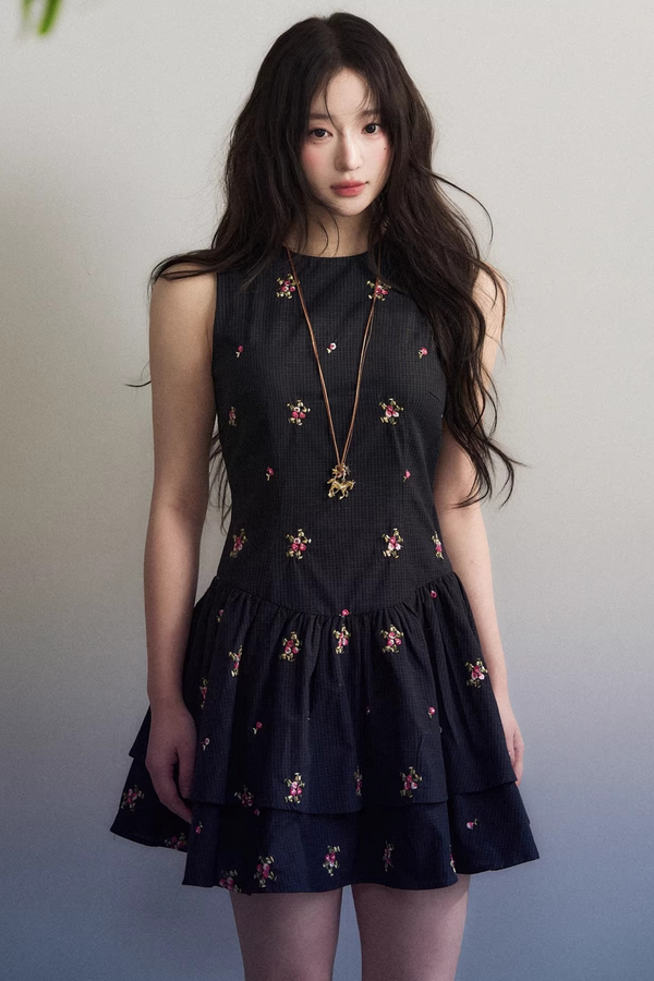 Navy Embroidered Vest Dress