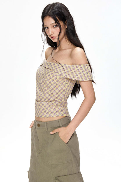 One-Shoulder Yellow Plaid Blouse
