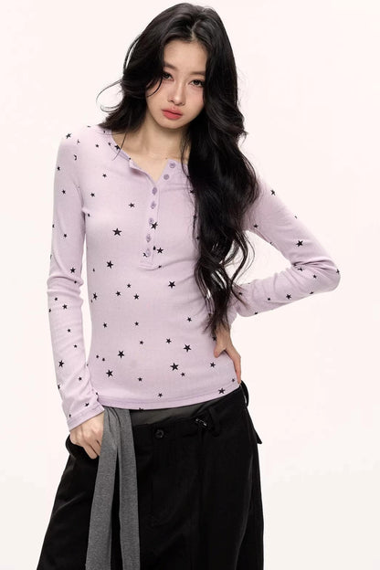 Star Print Knitted Henley Top