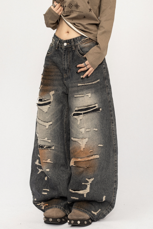 Retro Ripped Wide-Leg Jeans