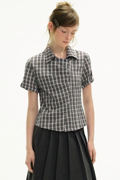 Diagonal Placket Plaid Blouse