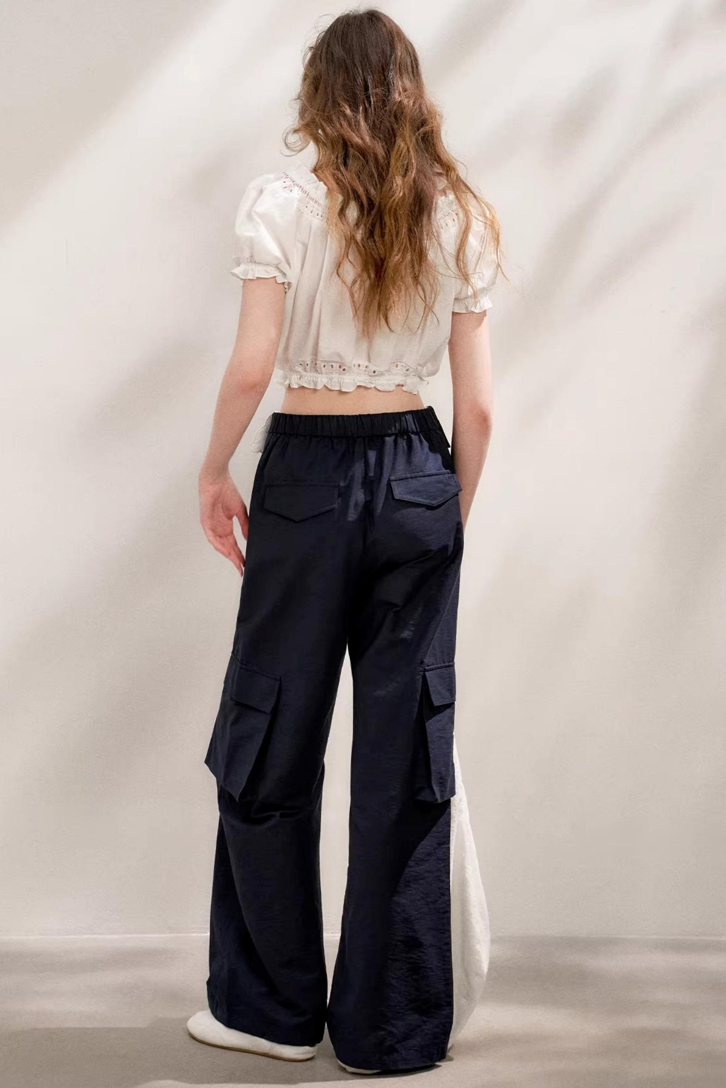 Colorblock Cotton Lace Wide Leg Pants