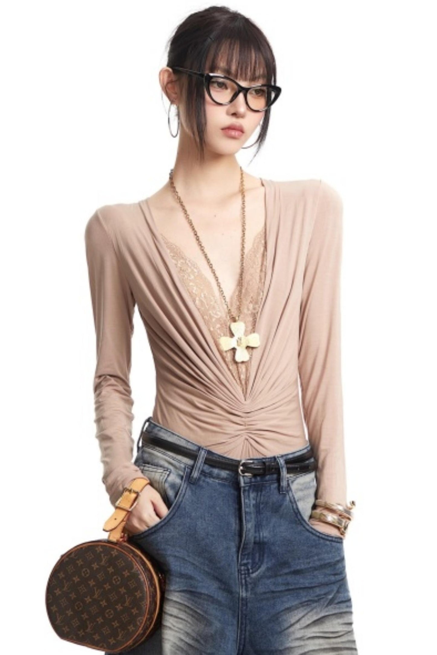 Lace Splicing V-Neck Top