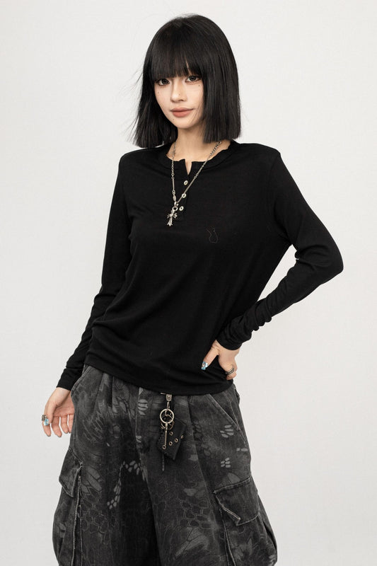 Autumn Black Shoulder Slim T-shirt