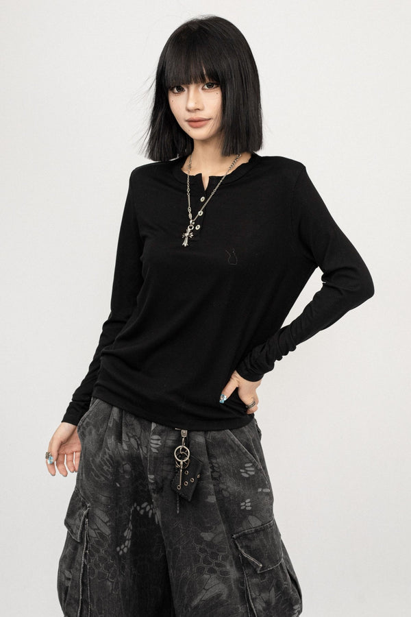 Autumn Black Shoulder Slim T-shirt