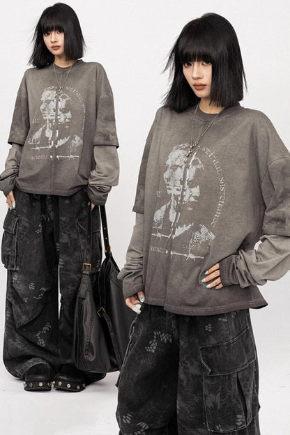 Vintage Distressed Gray Long Sleeve T-Shirt