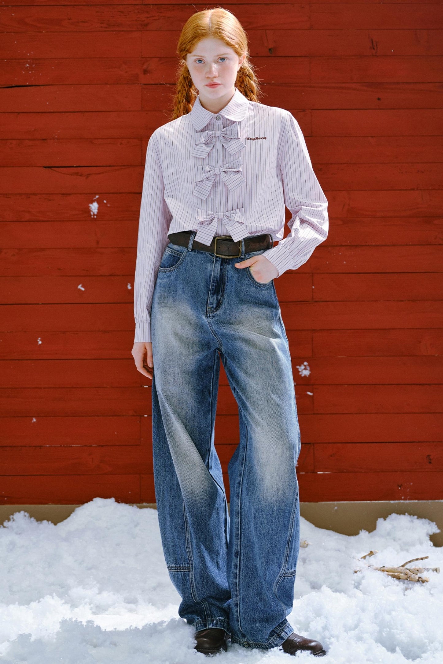 Pink White Cotton Bow Shirt