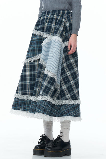 Niche Design Plaid Lace Patchwork Skirt