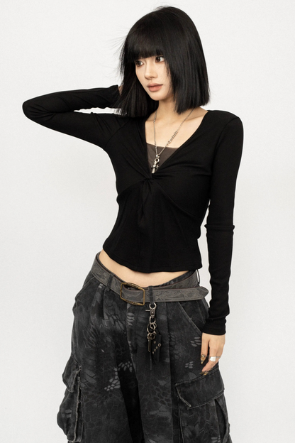 Retro Lace-Up Black Top