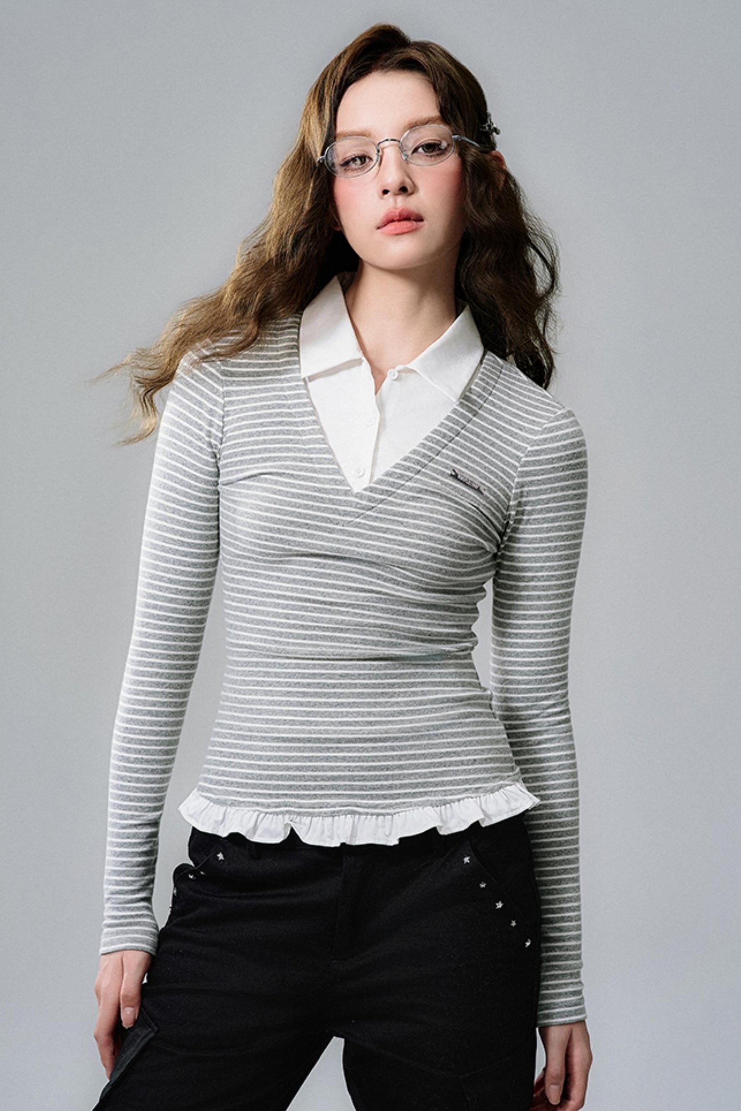 Lace Hem Striped Long Sleeve Knit Tee