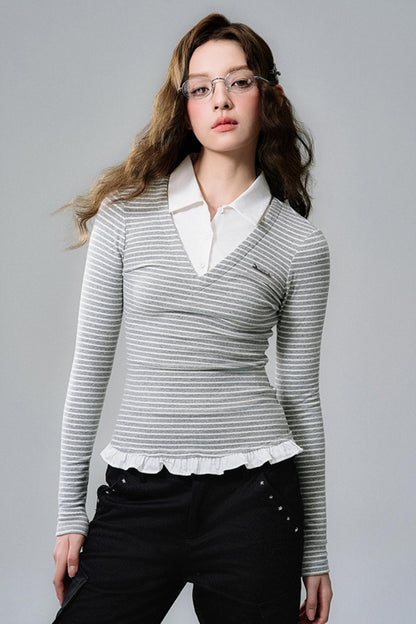 Lace Hem Striped Long Sleeve Knit Tee