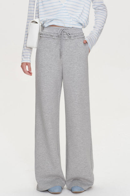 Ruffle Elastic Waist Drawstring Straight Pants