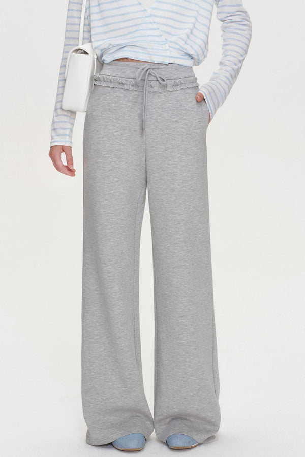 Ruffle Elastic Waist Drawstring Straight Pants
