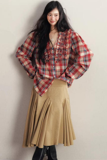 Red Plaid V-Neck Cotton Shirt