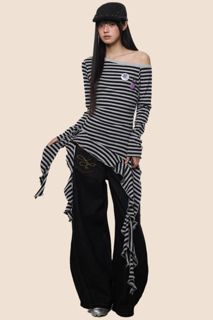 Tassel Detail Slanted Shoulder Top