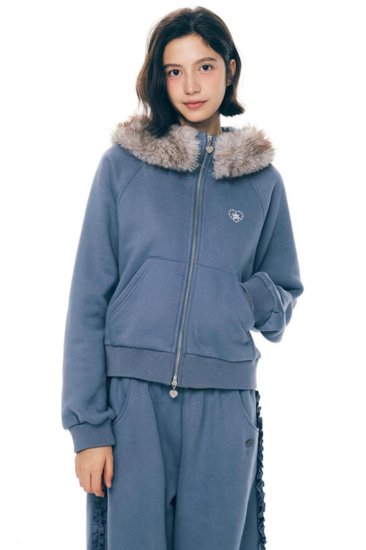 Navy Blue Fur Hooded Jacket