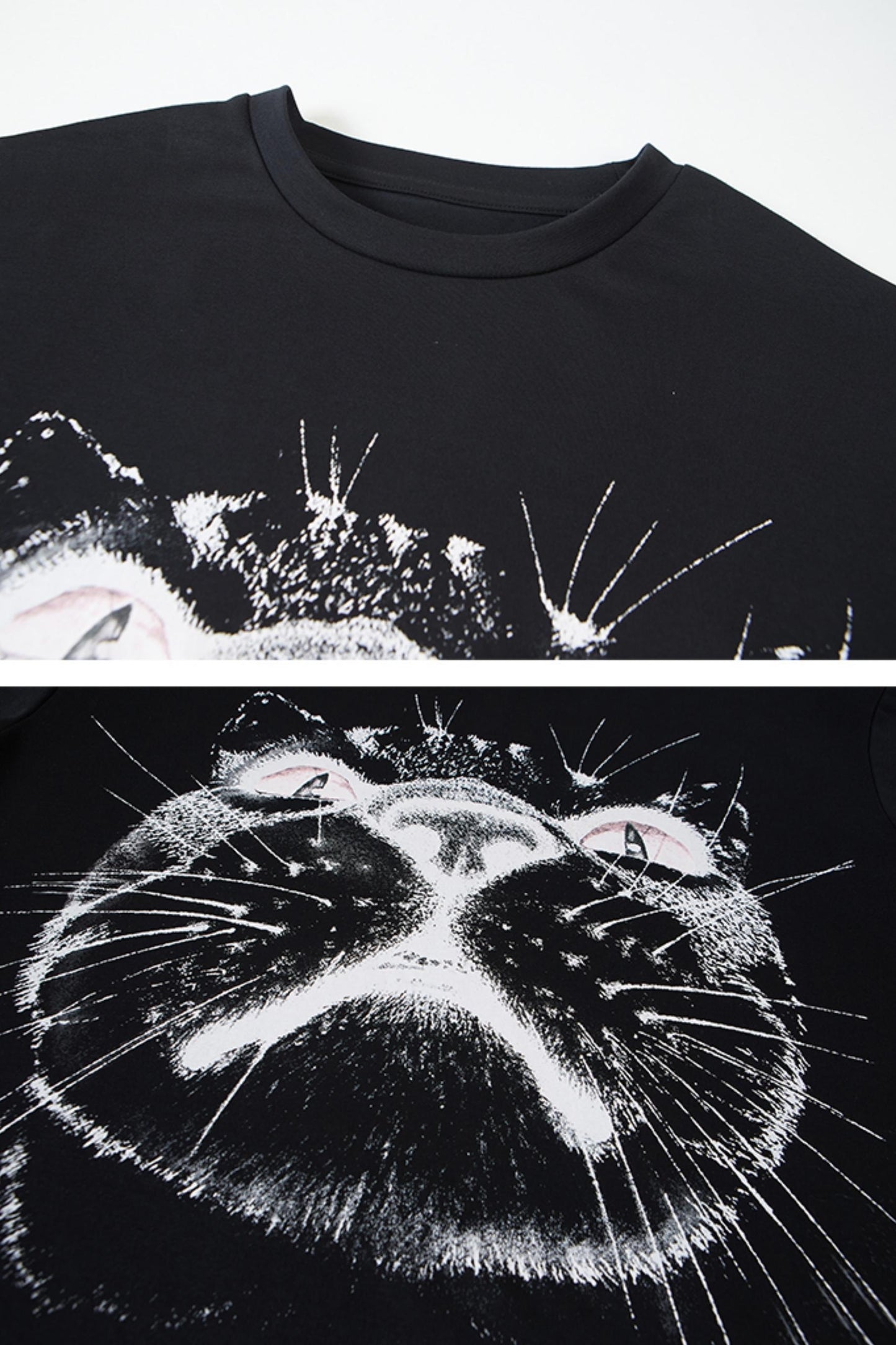 DIDDIMODA niedliche Katze Katze Kopf drucken T-Shirt einfache Silhouette gefälschte zwei lange Ärmel lose Top für Frauen