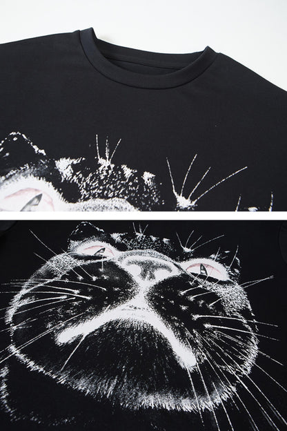 Cat Head Print Loose T-Shirt