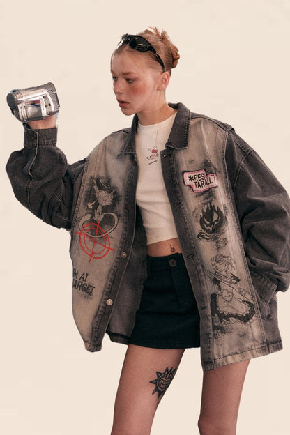 EZEK American Vintage Graffiti drucken Nähte Kontrast waschen distressed Denim Jacke Frauen Frühjahr und Herbst Design Jacke