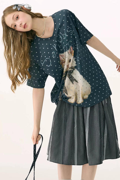 Top Scollo a V Grigio con Pois Gatto